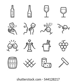 Wine line icon set. Included the icons as liquor, wine, glass, bottle, barrel, ice bucket and more.