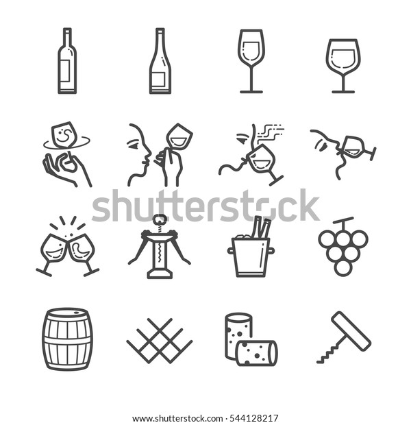 ワインラインアイコンセット 酒 ワイン ガラス 瓶 樽 アイスバケットなどのアイコンも含まれています のベクター画像素材 ロイヤリティフリー