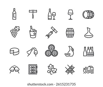 Wine line icons set. Simple symbols with bottle of alcohol, grapes, barrel of wine, corkscrew, cheese and champagne. Editable stroke. Outline vector illustration collection isolated on background