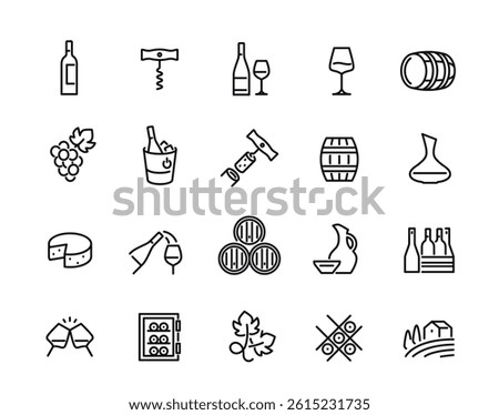 Wine line icons set. Simple symbols with bottle of alcohol, grapes, barrel of wine, corkscrew, cheese and champagne. Editable stroke. Outline vector illustration collection isolated on background