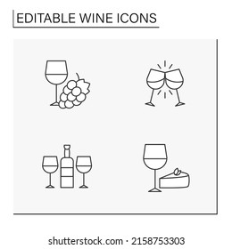 Wine line icons set. Tasting and consumption of alcohol drinks. Enotourism, grape and taste compatibility. Wine concept. Isolated vector illustration. Editable stroke