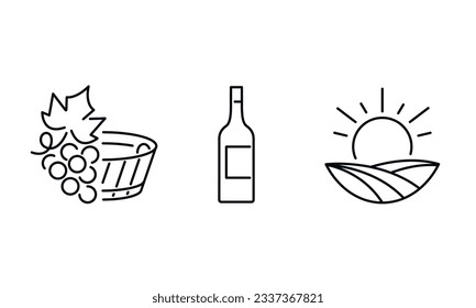 Wine line icons set. Vector line icons. Contains such icons as vineyard , wineglass, grape leaves and more. Design signs for banner, web page, mobile app, restaurant. Vector illustration