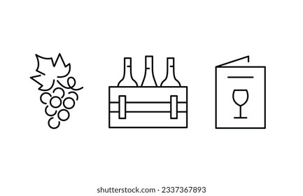 Iconos de la línea de vinos establecidos. Iconos de la línea del vector. Contiene iconos como menú, copa de vino, hojas de uva y más. Diseñar carteles para banner, página web, aplicación móvil, restaurante. Ilustración del vector