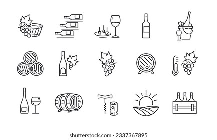 Wine line icons set. Vector line icons. Contains such icons as wine barrel , wineglass, grape leaves and more. Design signs for banner, web page, mobile app, restaurant. Vector illustration