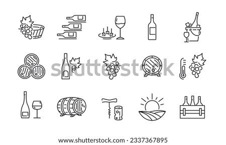 Wine line icons set. Vector line icons. Contains such icons as wine barrel , wineglass, grape leaves and more. Design signs for banner, web page, mobile app, restaurant. Vector illustration