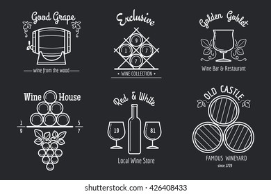 Wine line logo set. Winemaking or winery thin line signs for bar or restaurant menu. Vector illustration
