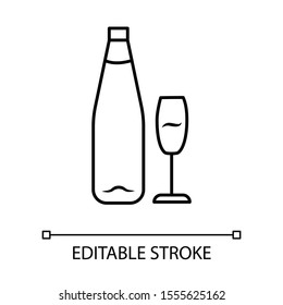 Wine linear icon. Alcohol bar. Bottle and wineglass. Restaurant service. Standard glassware for white wine. Thin line illustration. Contour symbol. Vector isolated outline drawing. Editable stroke