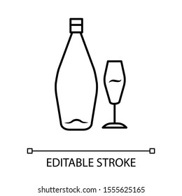 Wine linear icon. Alcohol bar. Bottle, wineglass. Alcoholic beverage. Glassware for dessert standard wine. Thin line illustration. Contour symbol. Vector isolated outline drawing. Editable stroke