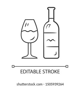 Wine linear icon. Bottle and classic footed glass with wine. Vine tasting. Alcoholic beverage. Thin line illustration. Contour symbol. Vector isolated outline drawing. Editable stroke