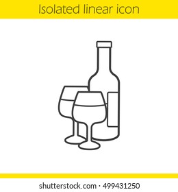 Wine linear icon. Thin line illustration. Wine bottle and glasses. Contour symbol. Vector isolated outline drawing