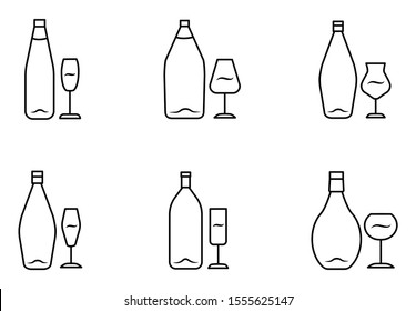 Wine linear icons set. Bottle and wineglass. Alcoholic beverage. Glassware for red, white, dessert wine and champagne. Thin line contour symbols. Isolated vector outline illustrations. Editable stroke