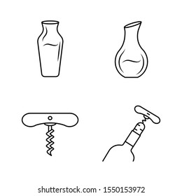 Wine linear icons set. Different types of decanters thin line contour symbols. Corkscrew, bottle opening tools. Barman equipment. Isolated vector outline illustrations. Editable stroke