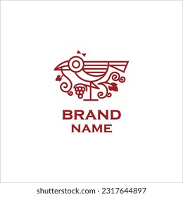 wine liquor with the bird vintage line art logo design
