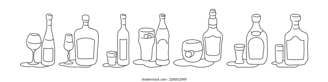 Wine liquor vodka beer whiskey tequila rum bottle and glass outline icon on white background. Black white cartoon sketch graphic design. Doodle style. Hand drawn image. Party drinks concept. Vector.
