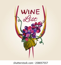 Wine List background. Watercolor bunch of grapes illustration.  Splash blob design