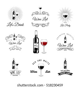 Wine List. Bottle And Glass. Set of wine signs, badges and labels