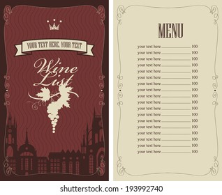 wine list with a bunch of grapes on a background of the old town