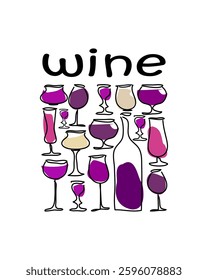 Wine list card, print or poster. Bar or restaurant wine list. Set of different glasses. Hand drawn vector design. 