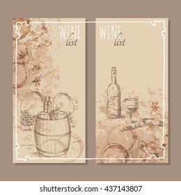 Wine list cards. Menu cards for wine collections with hand drawn sketches. Vector illustration.