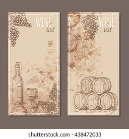 Wine list cards. Menu cards for wine collections with hand drawn sketches. Bunch of grapes, barrel and a bottle with glass of wine sketch. Vector illustration.