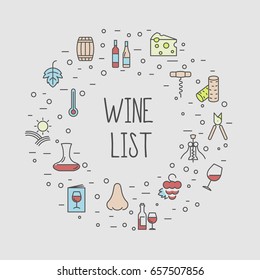 Wine list concept for bar or restaurant menu, natural alcohol drinks. Vector illustration with thin line icons related with wine making and winery.