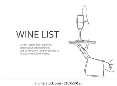 Lista de vinos. Línea continua un dibujo del plato de mano con la botella y un vaso de la mano una foto de la silueta. Una botella de champán con una copa de vino