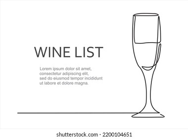 Wine list. Continuous line one drawing of  wineglass. Illustration with quote template. Can used for logo, emblem, slide show and banner.