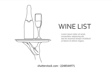 Wine list. Continuous line one drawing of hand holding dish with bottle and a glass drawn from the hand a picture of the silhouette. Line art. a bottle of champagne with a wine glass