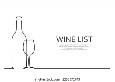 Wine list. Continuous line one drawing of wine bottle with wineglass. Illustration with quote template. Can used for logo, emblem, slide show and banner.