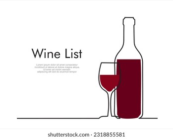 Wine list. Continuous line one drawing of wine bottle with wineglass. Illustration with quote template. Can used for logo, emblem, slide show and banner.