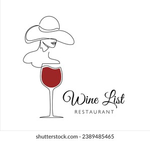 Wine list. Continuous line one drawing of  wineglass woman in hat. Illustration with quote template. Can used for logo, emblem, slide show and banner.