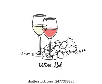Wine list. Continuous one line drawing of wineglasses with red and white and bunch of grapes. Illustration with quote template. Can used for logo, emblem, slide show and banner.