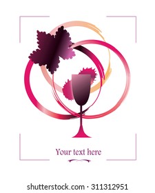 Wine list cover - vector illustration. Wine glass, grape leaf silhouette and circle stains, paint by red and purple brush strokes. As cover, wine tasting invitation. Grunge watercolor wine background.