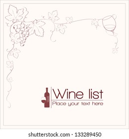 Wine list design for bar and restaurant. With a bunch of grapes, bottle, glass and text. Place for your text