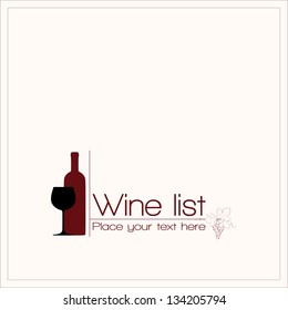 Diseño de la carta de vinos para el bar y el restaurante. Con botella, vidrio, texto. y decoración de uvas. Coloque el texto. Frasco rojo, vidrio negro