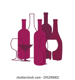 Wine list design for bar and restaurant. With bottles and glasses. Place for your text. Bottle and glass silhouette