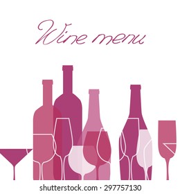 Wine list design for bar and restaurant. With bottles and glasses. Place for your text. Bottle and glass silhouette