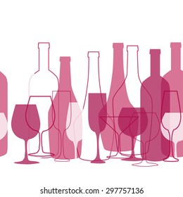 Wine list design for bar and restaurant. With bottles and glasses. Place for your text. Bottle and glass silhouette