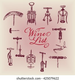 Wine list design. Big set of corkscrew. Vector hand drawn sketch.