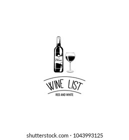 Wine list design. Wine bottle and glass. Alcohol menu. Bar and pun design. Vector illustration isolated on white background.