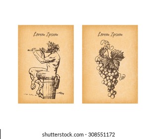 Wine list design with a bunch of grapes and satyr sitting on a barrel. Hand drawn vector illustration.