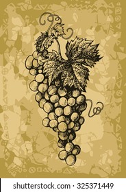 Wine list design with a bunch of grapes against grunge background. Hand drawn vector illustration.