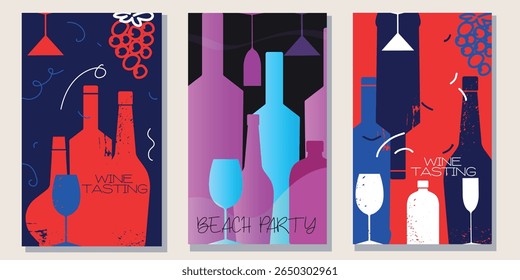 Wine list design collection, sommelier flyer, bar alcohol menu. Wine shop poster, drinking, drunkenness, flat illustration of alcohol bottle, glasses, grapes, scuffed texture