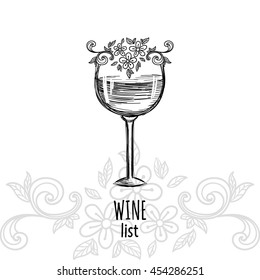 Wine list design. Engraved retro wine glass icon. Vector illustration.