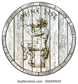 Wine list design. Satyr playing the flute against an ancient wooden barrel. Hand drawn vector illustration in old engraving style.

