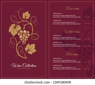 Plantilla de diseño de lista de vinos con ilustración de uvas decorativas.