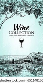 Plantilla de diseño de lista de vinos. Uvas de vid extraídas a mano y paisaje vitícola. Paisaje rural.Antecedentes de papel. Ilustración vectorial de estilo vintage.