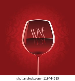 Wine list design template for restaurants, cafe, bars with wine glass on red damask background