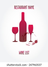 Wine list design templates with wine bottle, stain and glasses.