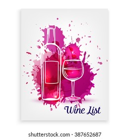 Wine list design templates. Wine bottle and wineglass. Wine vector illustration. Hand draw decorative style.